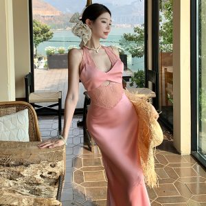 Elegant Sexy Fairy Style Hollow Lace Satin Patchwork Slim Vest Camisole Dress