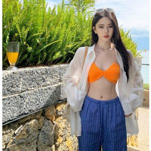 Beach Vacation Resort Style Women's Set Casual Sun Protection Shirt Bikini Halter Wide Leg Pants