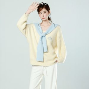 Korean Style Loose Knit Sweater with Embroidery for Women Autumn Winter