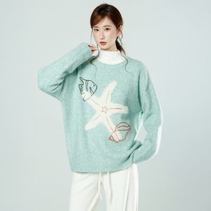 2025 New Autumn American Style Starfish Crew Neck Pullover Embroidered Knit Sweater Women Casual Loose Fit