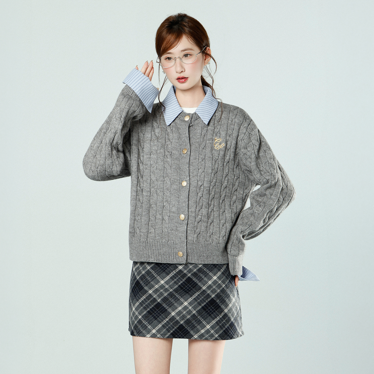 Korean Style Campus Two-Piece Knit Cardigan Women Autumn Winter Aran Pattern Design Sweater Coat