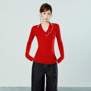 Korean Style Faux Two-Piece V-Neck Knit Top Long Sleeve Women's Fall Pullover