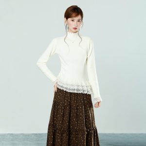 Real Shot Korean Style Lace Half High Neck Long Sleeve Knit Sweater Women Autumn Winter Slim Fit Base Top