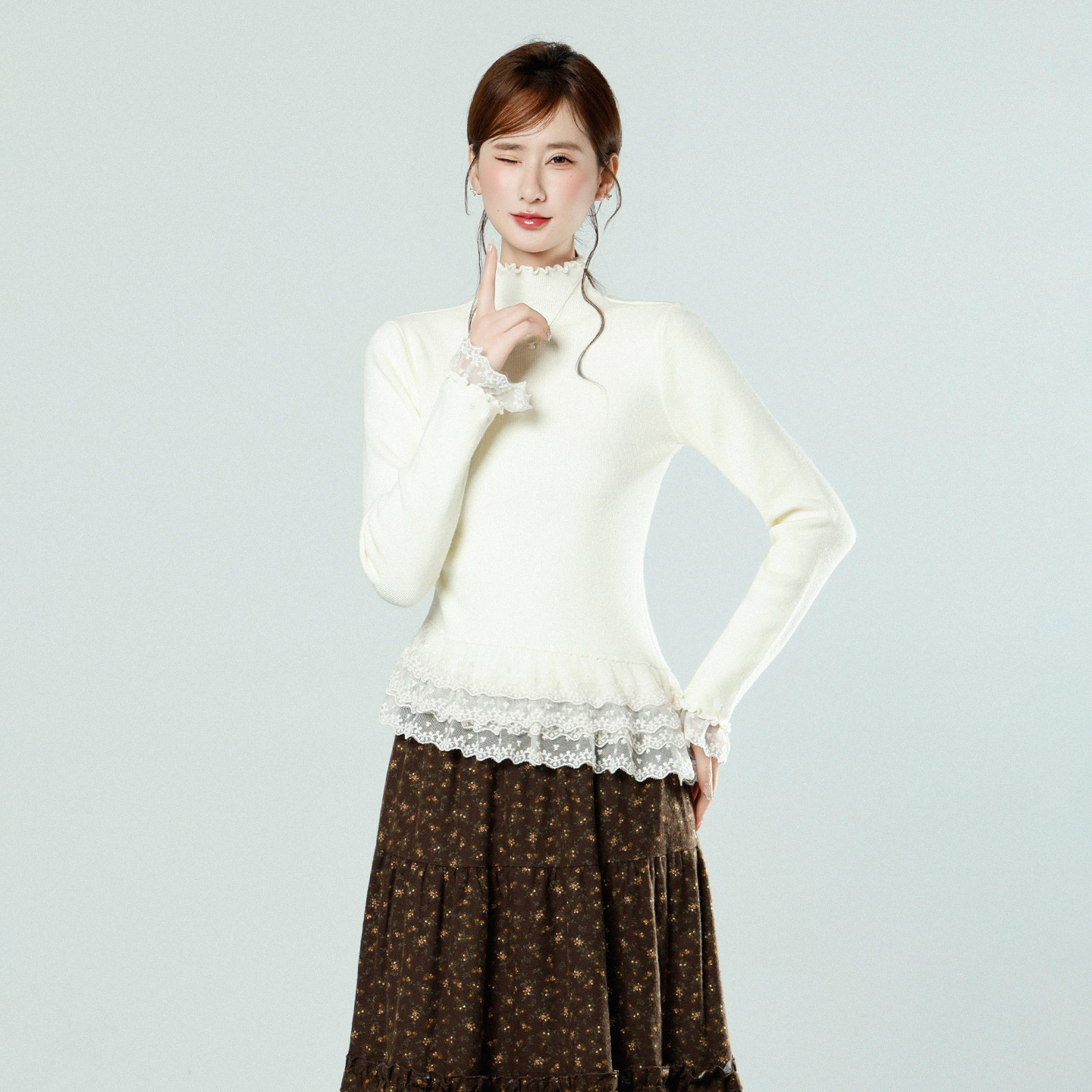 Real Shot Korean Style Lace Half High Neck Long Sleeve Knit Sweater Women Autumn Winter Slim Fit Base Top - Image 3