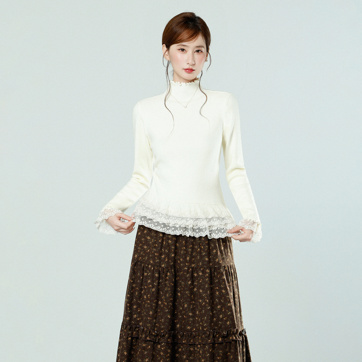 Real Shot Korean Style Lace Half High Neck Long Sleeve Knit Sweater Women Autumn Winter Slim Fit Base Top - Image 2