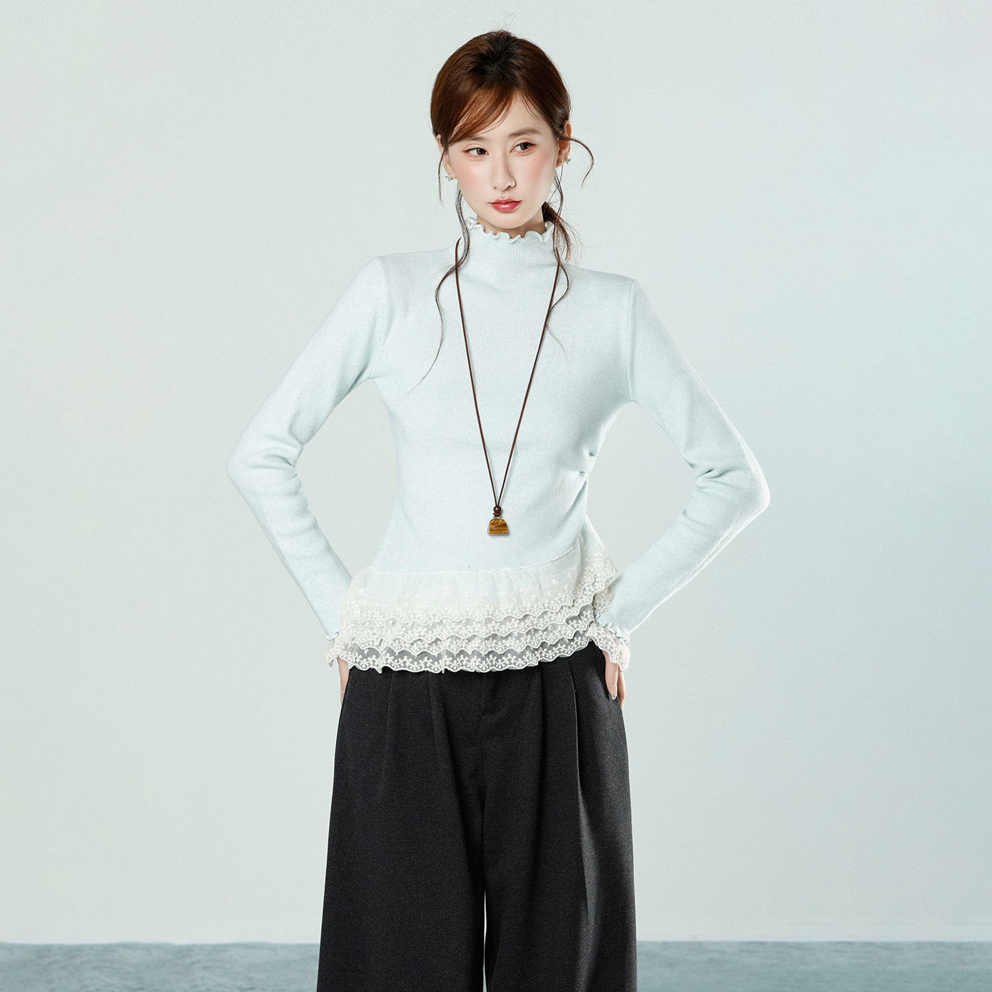 Real Shot Korean Style Lace Half High Neck Long Sleeve Knit Sweater Women Autumn Winter Slim Fit Base Top - Image 4