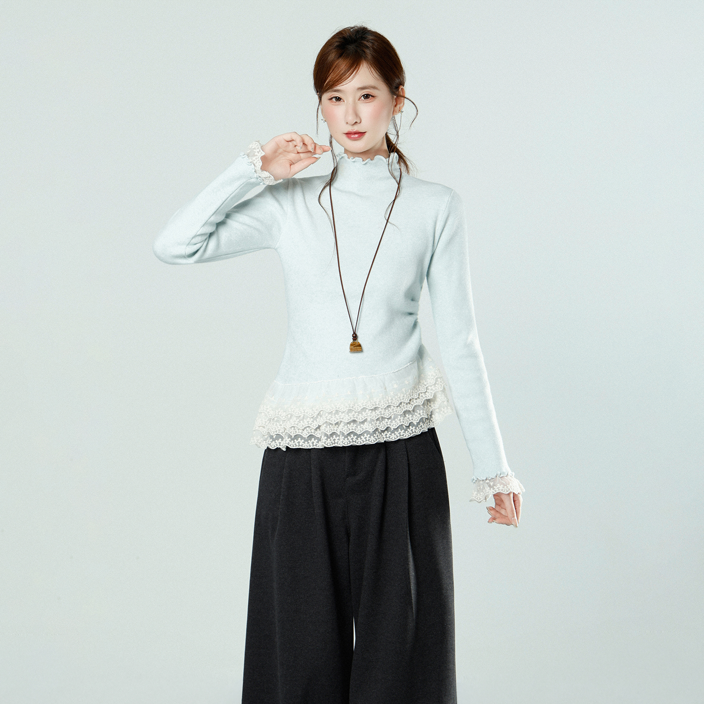 Real Shot Korean Style Lace Half High Neck Long Sleeve Knit Sweater Women Autumn Winter Slim Fit Base Top - Image 5