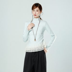 Lace Trim High Neck Long Sleeve Knit Top Women Autumn Winter Ruffle Hem Tee