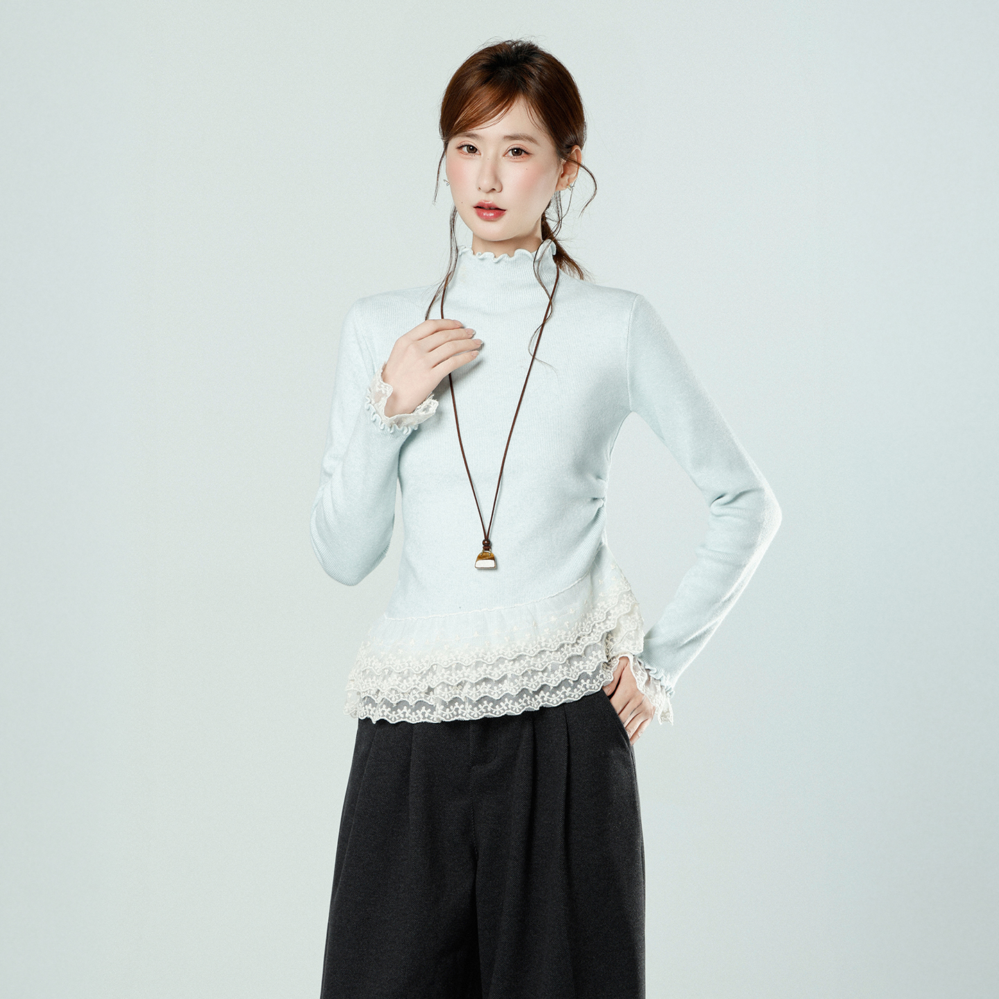 lace-trim-high-neck-long-sleeve-knit-top-women-autumn-winter-ruffle-hem-tee