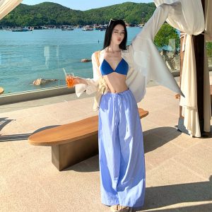 Blue Halter Triangle Bikini Beach Vacation Sun Protection Cover Up with Blue Stripe Pants