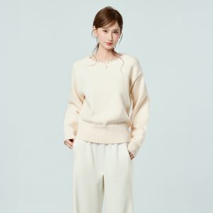 Real Shot Pearl Collar Pink Knit Sweater for Women Autumn Winter Soft Pullover Casual Top