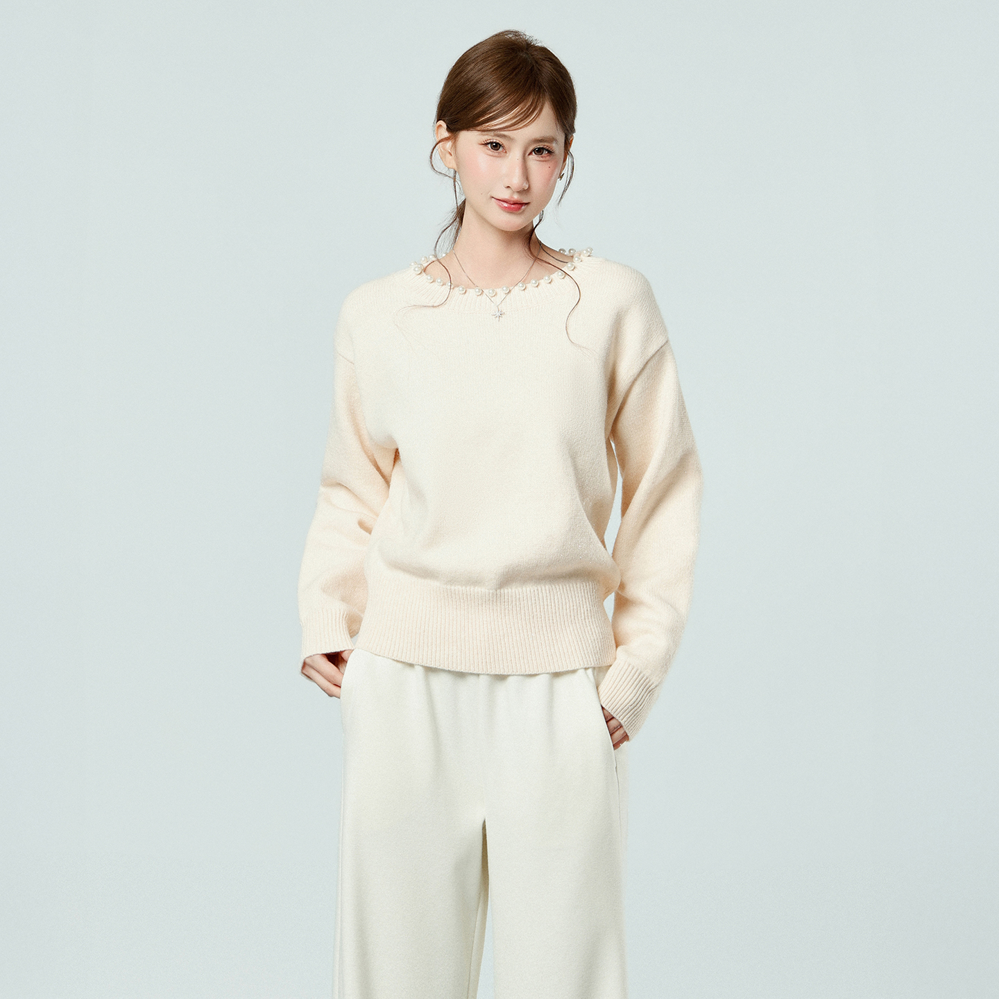 real-shot-pearl-collar-pink-knit-sweater-for-women-autumn-winter-soft-pullover-casual-top