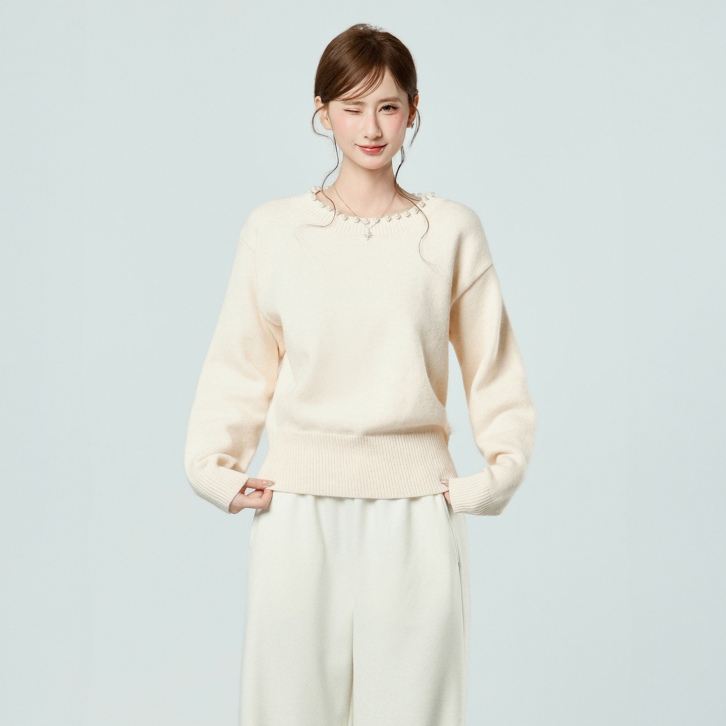 Real Shot Pearl Collar Pink Knit Sweater for Women Autumn Winter Soft Pullover Casual Top - Image 5