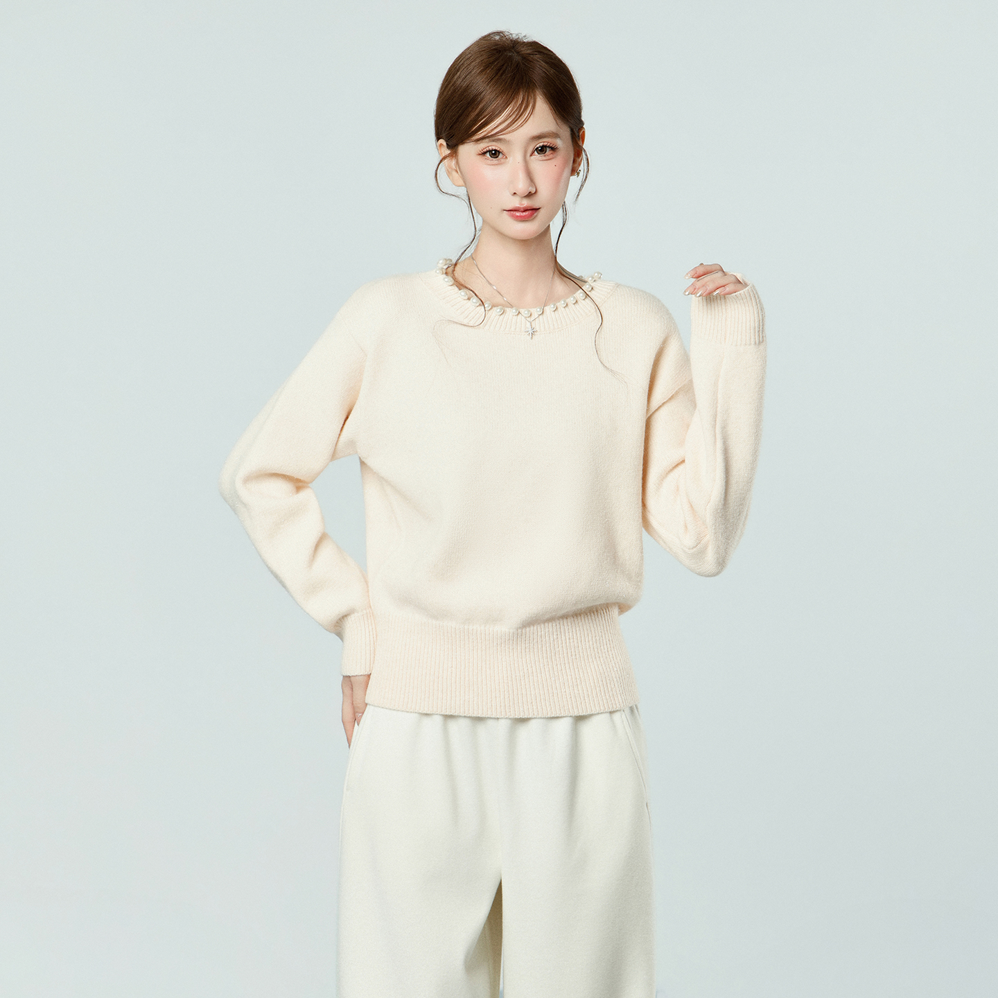 Real Shot Pearl Collar Pink Knit Sweater for Women Autumn Winter Soft Pullover Casual Top - Image 3
