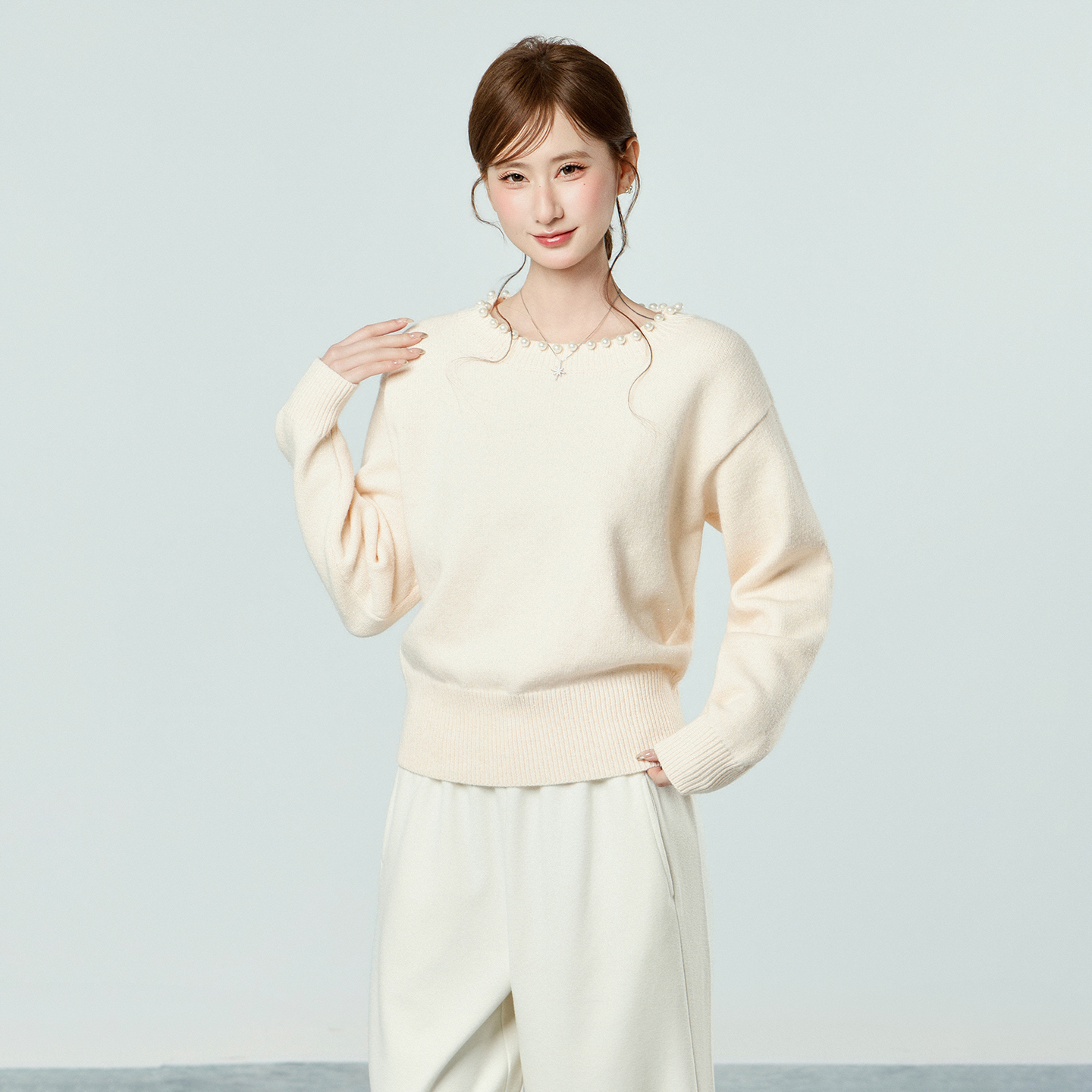 Real Shot Pearl Collar Pink Knit Sweater for Women Autumn Winter Soft Pullover Casual Top - Image 4