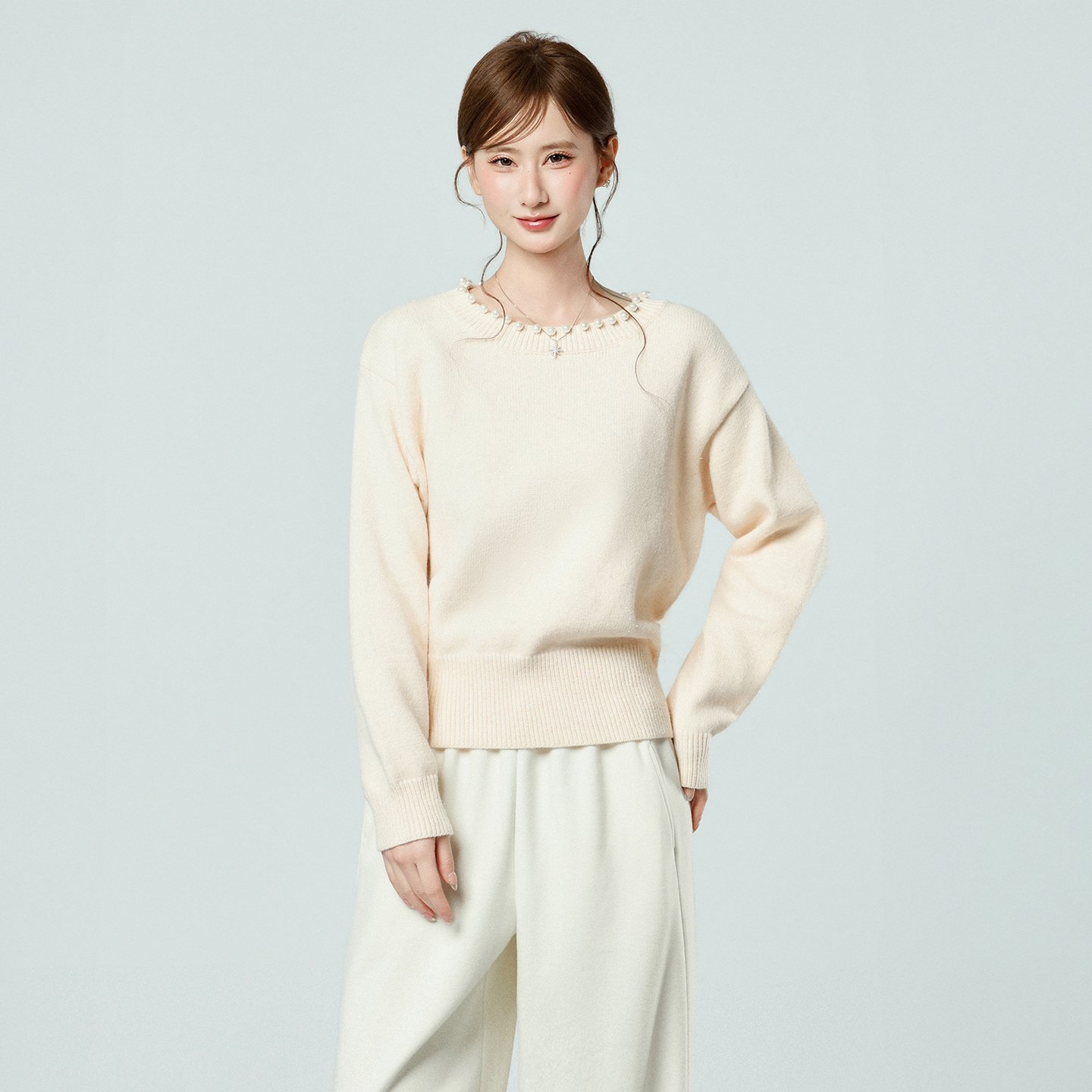 Real Shot Pearl Collar Pink Knit Sweater for Women Autumn Winter Soft Pullover Casual Top - Image 2
