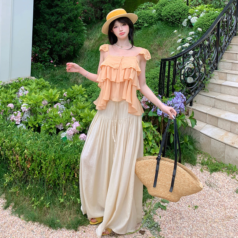 Summer New Korean Lace Trim Spliced Flutter Sleeve Camisole Top High Waist Drawstring Wide Leg Pants Two Piece Set Women - Image 2