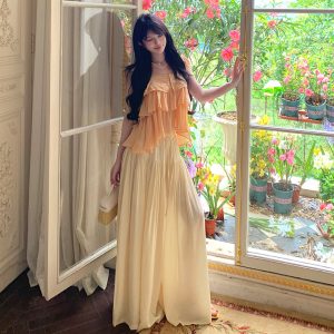 Summer New Korean Lace Trim Spliced Flutter Sleeve Camisole Top High Waist Drawstring Wide Leg Pants Two Piece Set Women