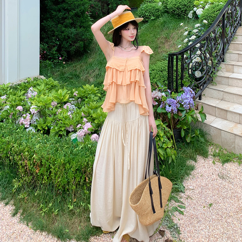 Summer New Korean Lace Trim Spliced Flutter Sleeve Camisole Top High Waist Drawstring Wide Leg Pants Two Piece Set Women - Image 3