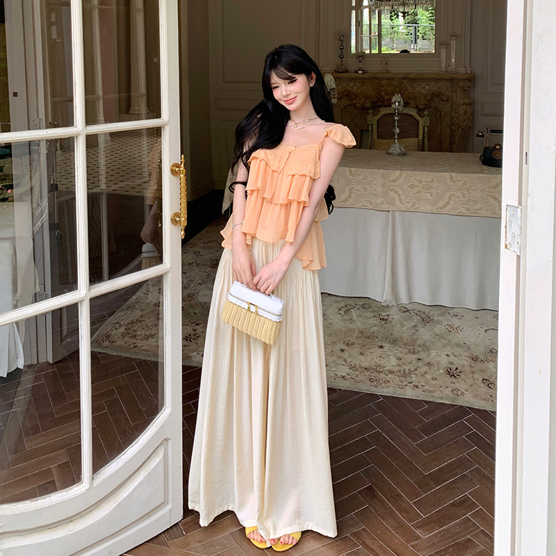 Summer New Korean Lace Trim Spliced Flutter Sleeve Camisole Top High Waist Drawstring Wide Leg Pants Two Piece Set Women - Image 4