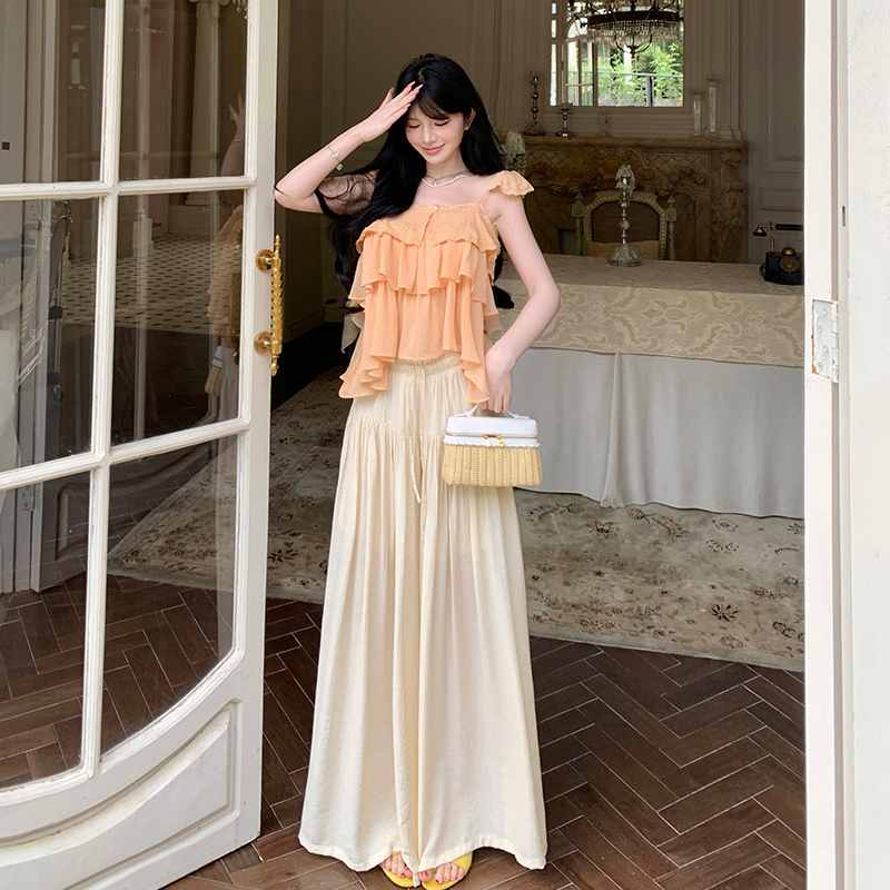 Summer New Korean Lace Trim Spliced Flutter Sleeve Camisole Top High Waist Drawstring Wide Leg Pants Two Piece Set Women - Image 5