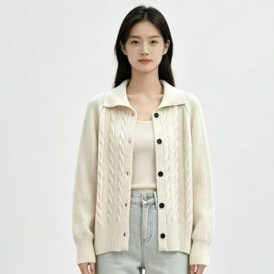 2026 Autumn New Women's Lapel Cable Knit Cardigan Coat Casual Knit Top
