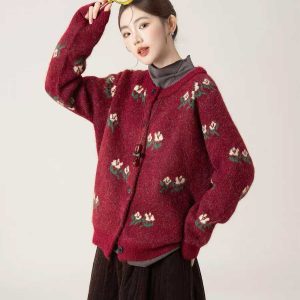 Red Floral Knit Cardigan Women's Spring New Loose Soft Thick Open Front Sweater