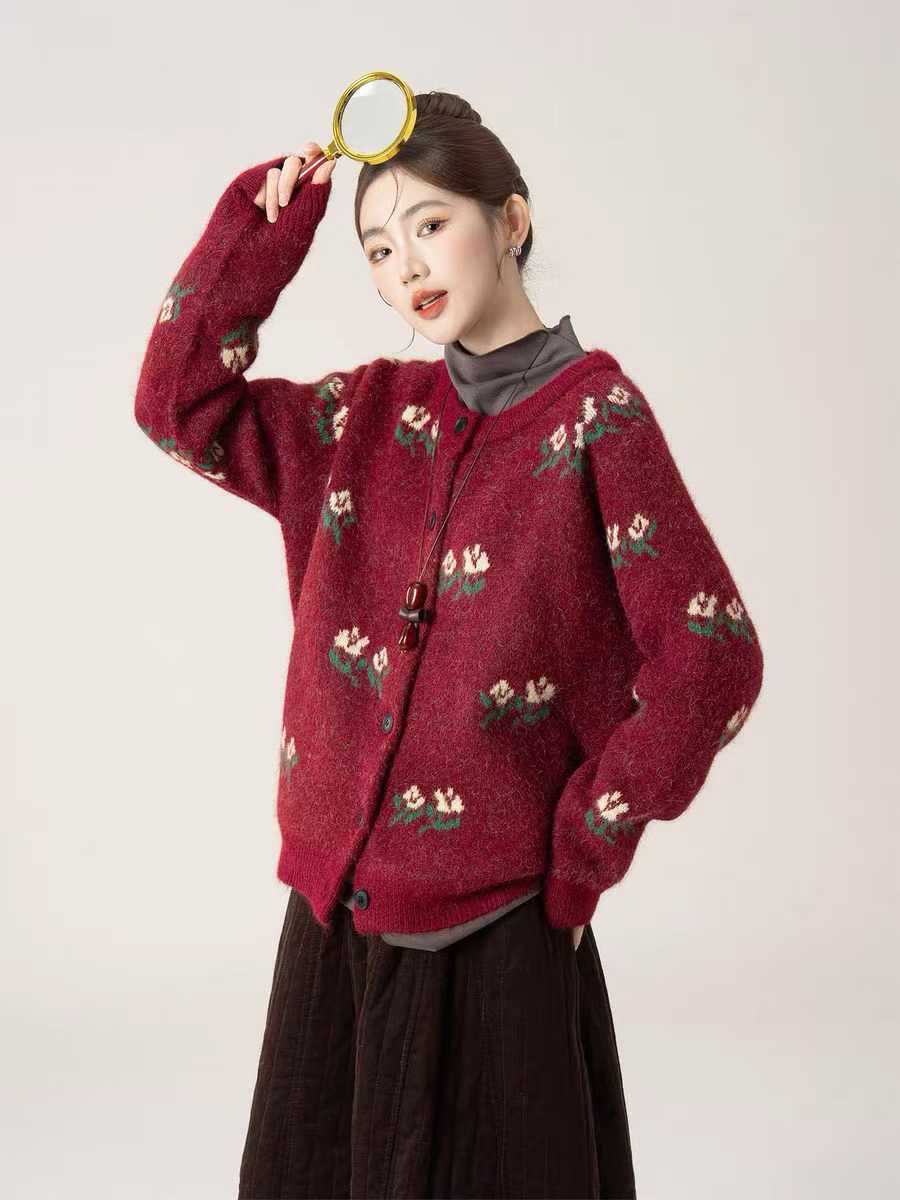 red-floral-knit-cardigan-womens-spring-new-loose-soft-thick-open-front-sweater