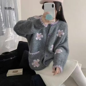 Korean Sweet Contrast Color Flower Knit Cardigan Women 2026 Autumn Winter New Loose Casual Style Youthful Knit Cardigan