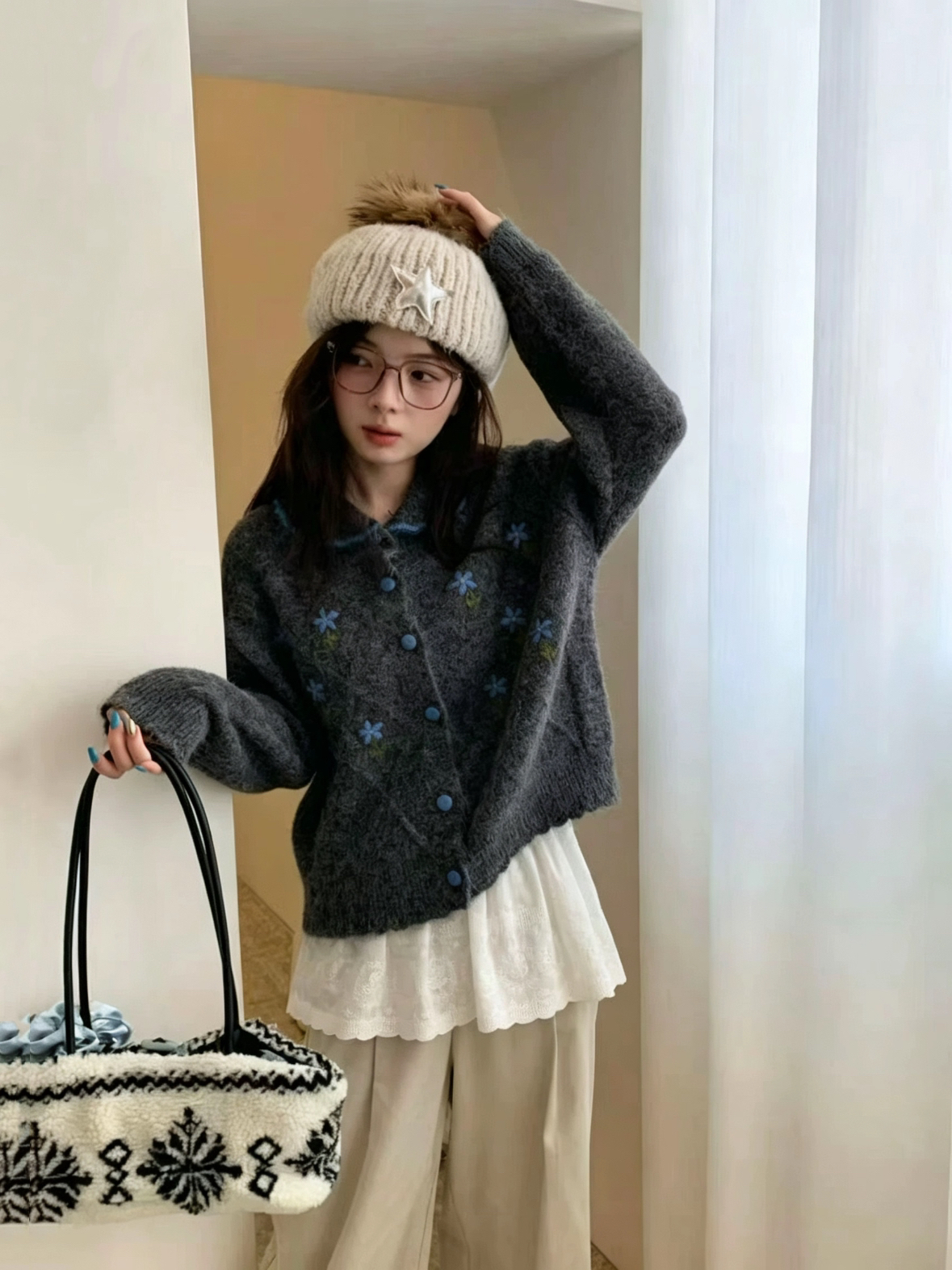 2026 New Autumn Winter Women Knit Cardigan with Peter Pan Collar, Korean Style Floral Soft Casual Sweater Coat - Image 3