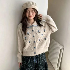 2026 New Autumn Winter Women Knit Cardigan with Peter Pan Collar, Korean Style Floral Soft Casual Sweater Coat