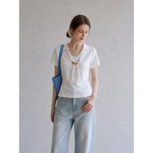 Women's Summer White Polka Dot Tie Front V-Neck Short Sleeve T-Shirt with Ruching and Fitted Waist
