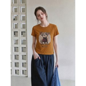 New Pumpkin Orange Round Neck Short Sleeve T-Shirt for Women 2026 Summer Slim Fit Printed Dog Pattern Casual Top
