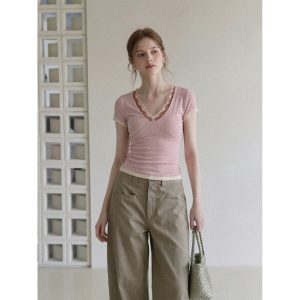 Real Photo Real Price Two-Piece Pink Lace Patchwork Short Sleeve T-Shirt Women Summer Pure Desire Slim Fit Sexy Top
