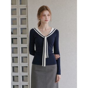 Real Photo College Style Navy Bow Tie Long Sleeve T-Shirt for Women Autumn Slim Fit Design Top