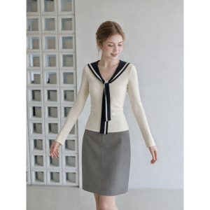 Real Photo Navy Collar Long Sleeve Knit T-Shirt Women 2026 Autumn Contrast Color Slim Fit Top