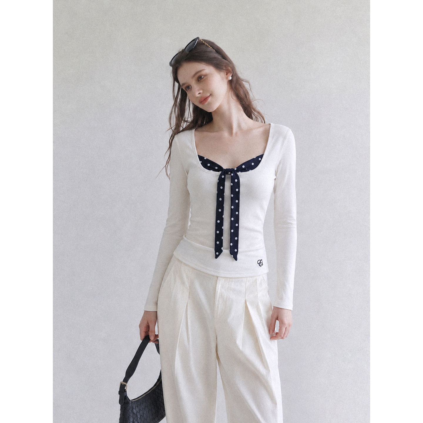 womens-fall-white-bow-polka-dot-square-neck-long-sleeve-slim-fit-t-shirt