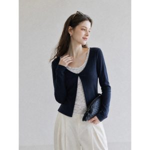 Real Shot Polka Dot Two-Piece Round Neck Long Sleeve T-Shirt for Women Autumn New Inner Twist Knot Top